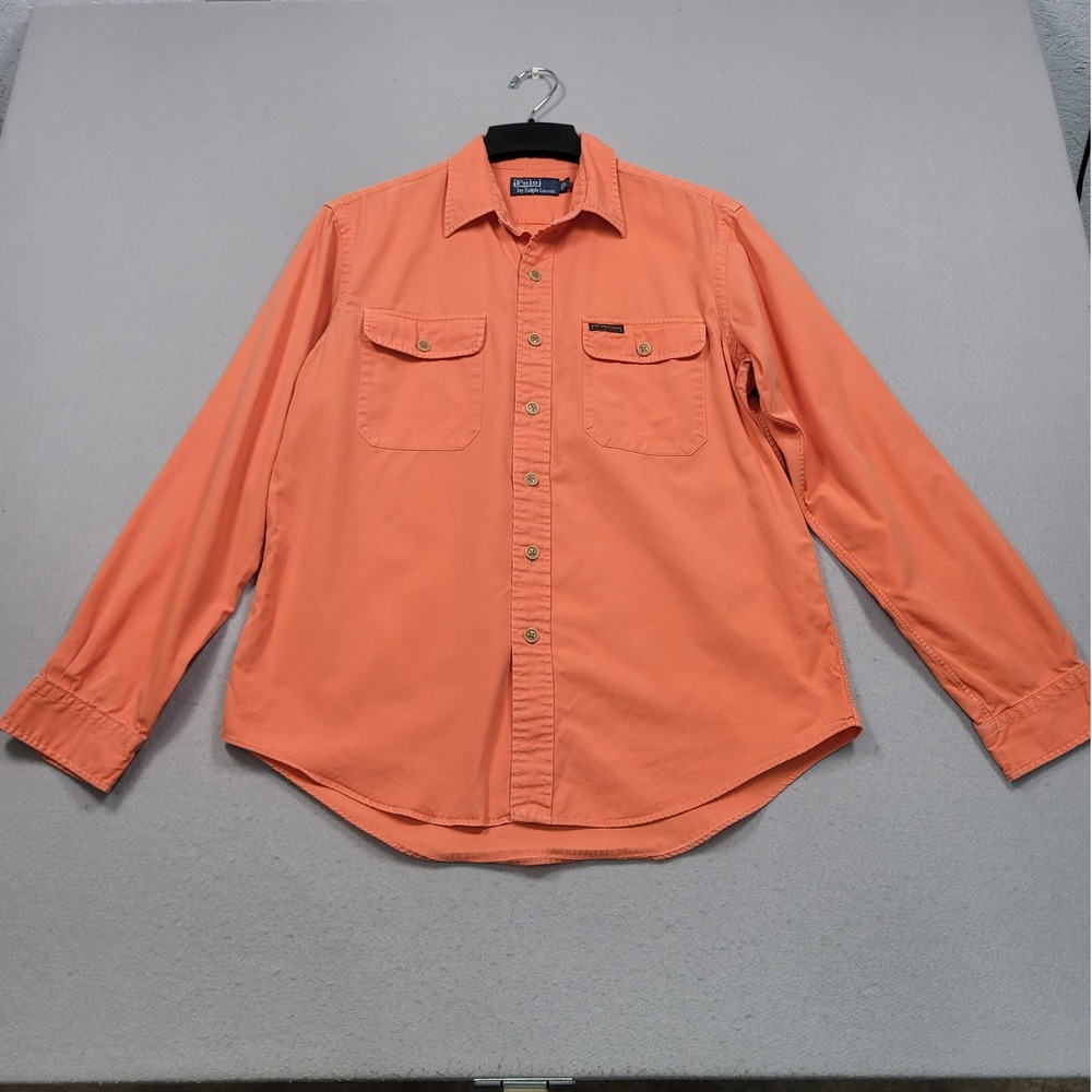 Polo Ralph Lauren Men Orange Long Sleeve Button Down Utility Shirt Large Vintage
